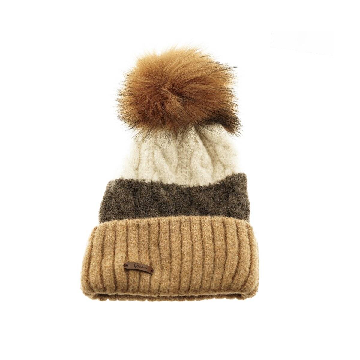 Wintermütze mit Flechtmuster & Bommel - stilvolle Mütze für Damen mit Futter Braun