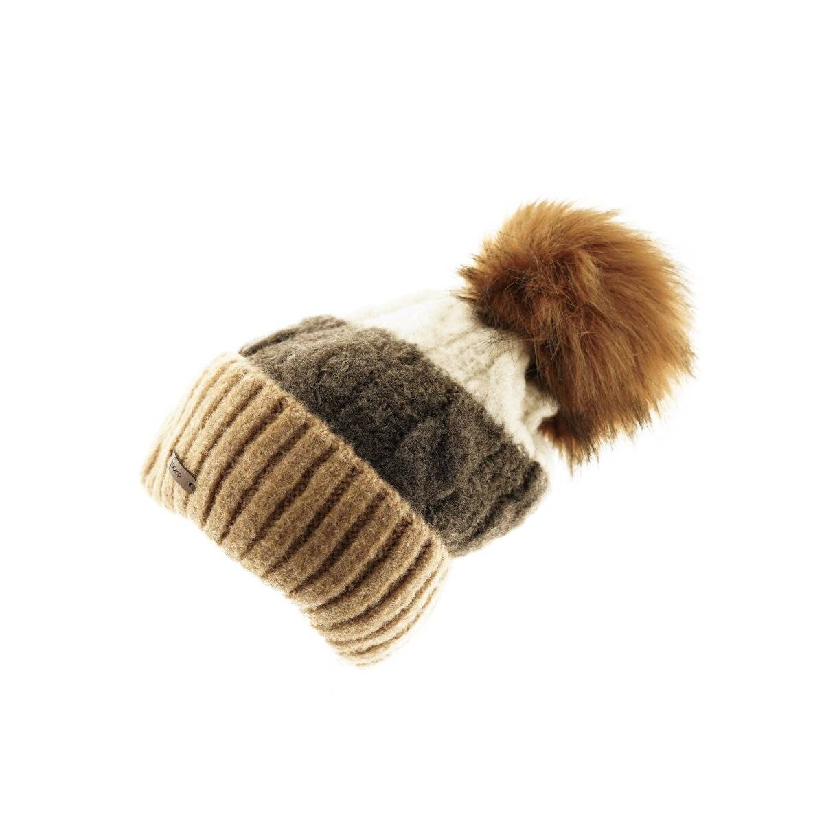 Wintermütze mit Flechtmuster & Bommel - stilvolle Mütze für Damen mit Futter Braun