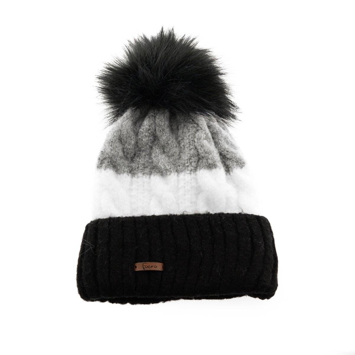 Wintermütze mit Flechtmuster & Bommel - stilvolle Mütze für Damen mit Futter Schwarz