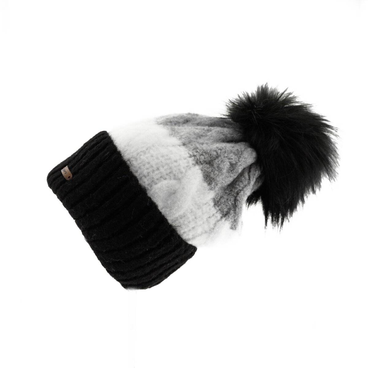 Wintermütze mit Flechtmuster & Bommel - stilvolle Mütze für Damen mit Futter Schwarz