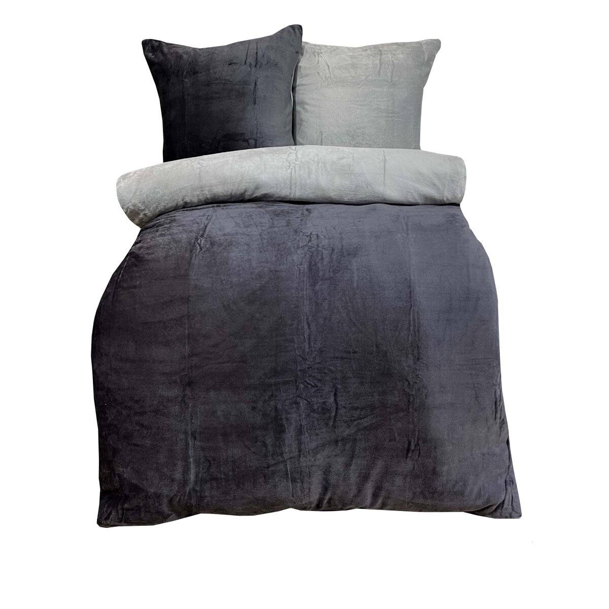 Moderne Plüschbettwäsche mit Reißverschluss - einfarbig, wendbar & warmhaltend Grau 155x200cm + 80x80cm Kissenbezug