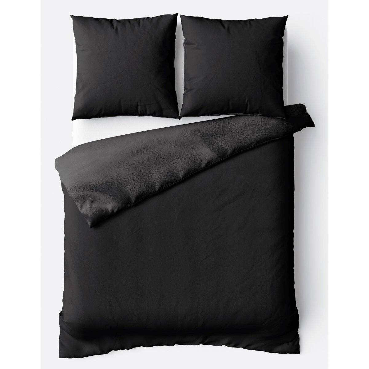 Moderne Plüschbettwäsche mit Reißverschluss - einfarbig, wendbar & warmhaltend Schwarz 135x200cm + 80x80cm Kissenbezug