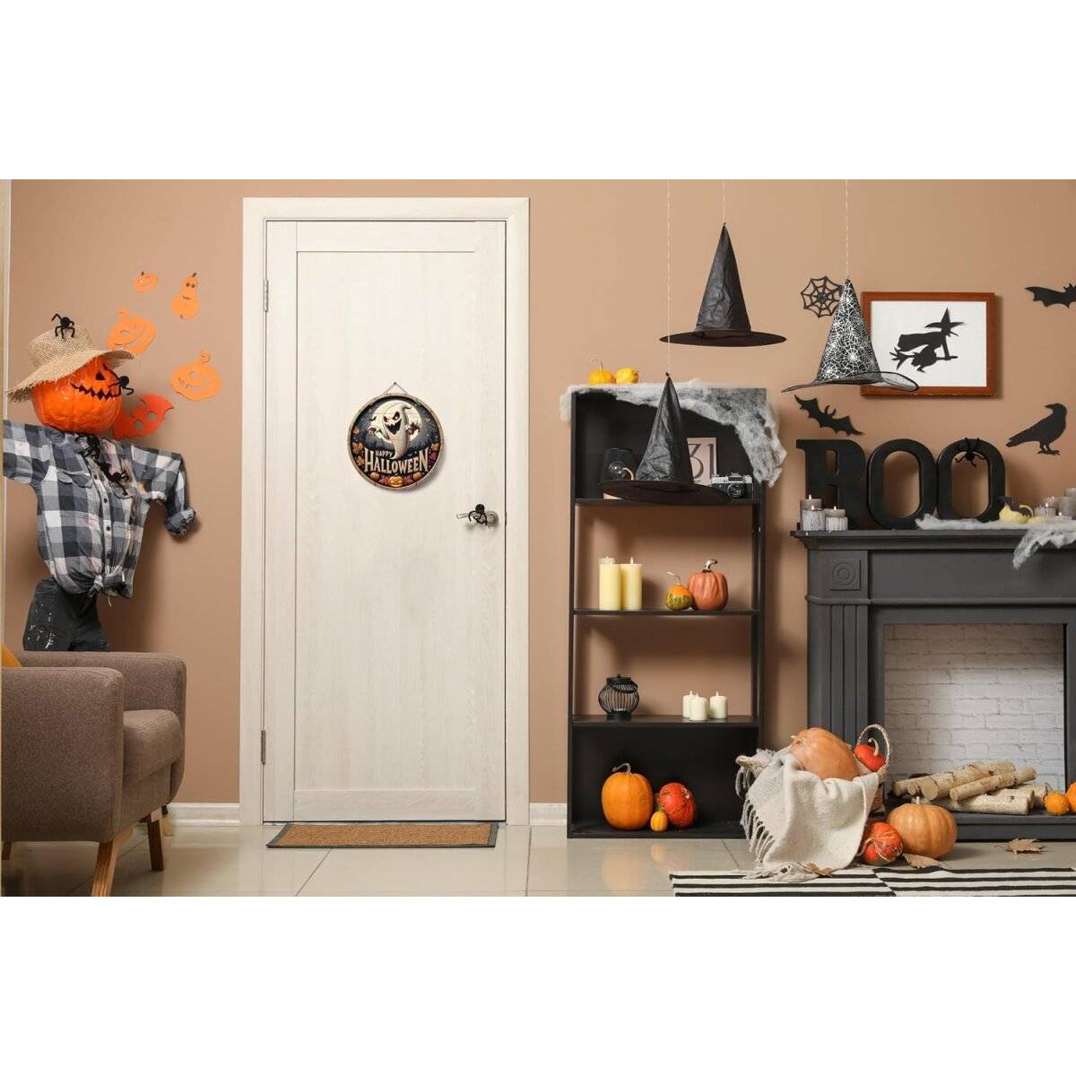 Halloween Geist Türschild Deko aus Holz, Happy Halloween, Willkommensschild Fröhliches Halloween Eingangstür