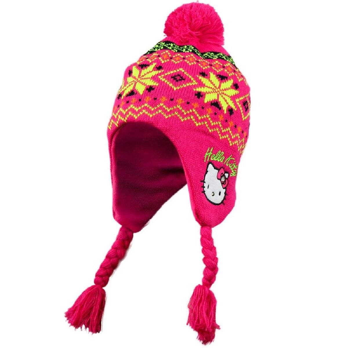 Hello Kitty Mütze Wintermütze mit Retro Muster und Quaste Rosa 52