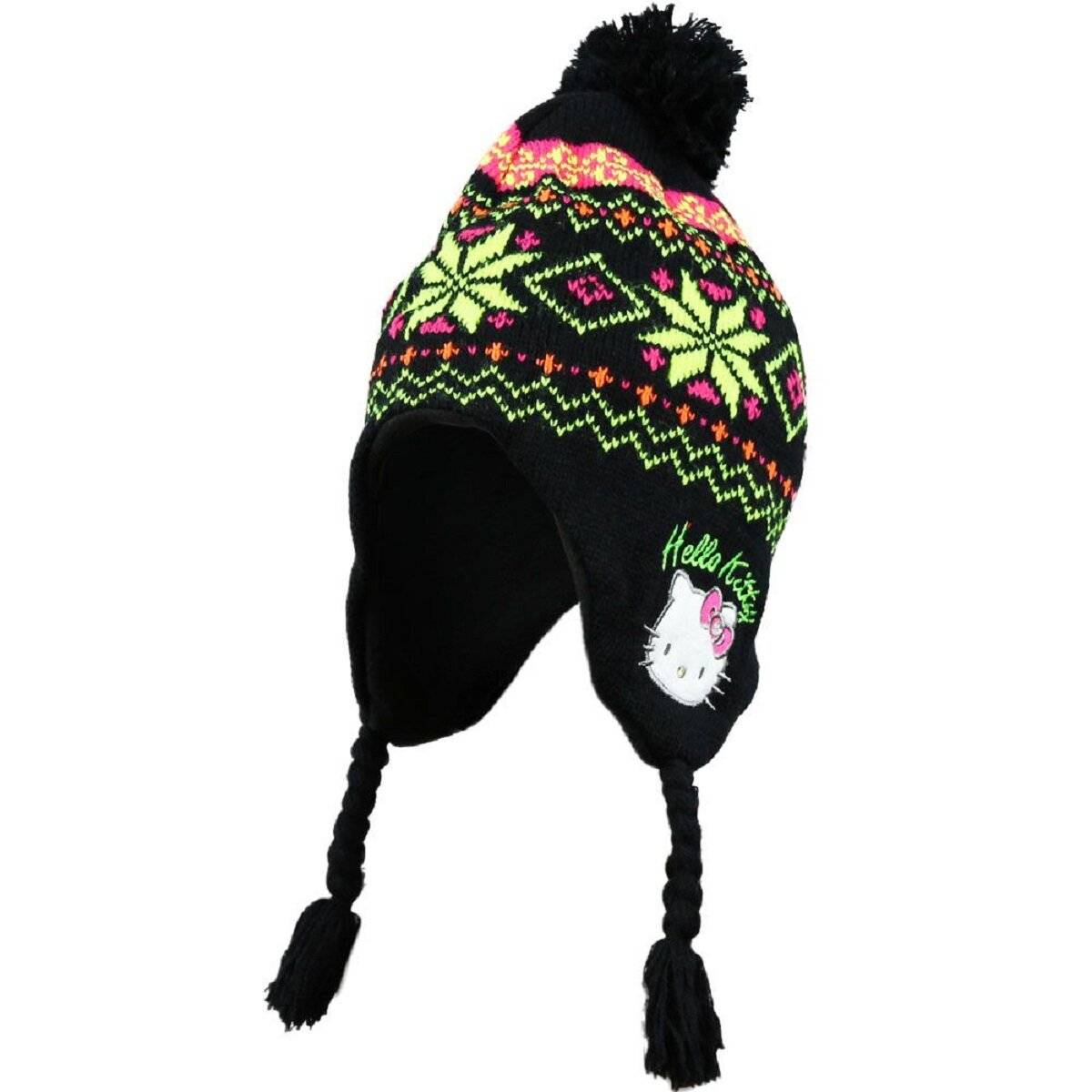 Hello Kitty Mütze Wintermütze mit Retro Muster und Quaste Schwarz 52