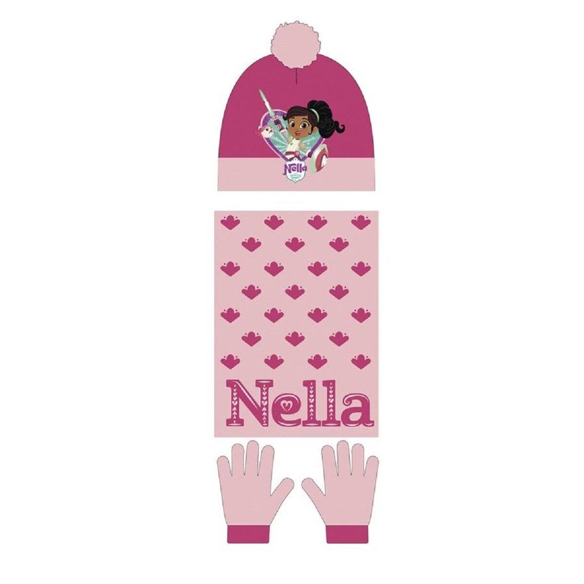 Nella Baby Winterset Mütze mit Schal und Handschuhen 46/48 für Kinder Rosa Bommel