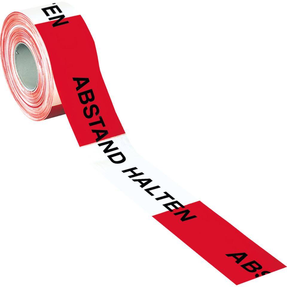 Absperrband Abstand halten, rot/weiß geblockt, Polyethylen, 80mm, 500m/Rolle