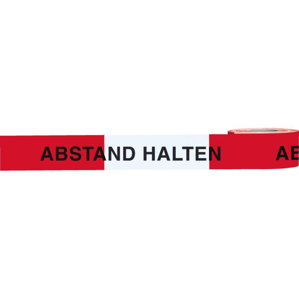 Absperrband Abstand halten, rot/weiß geblockt, Polyethylen, 80mm, 500m/Rolle