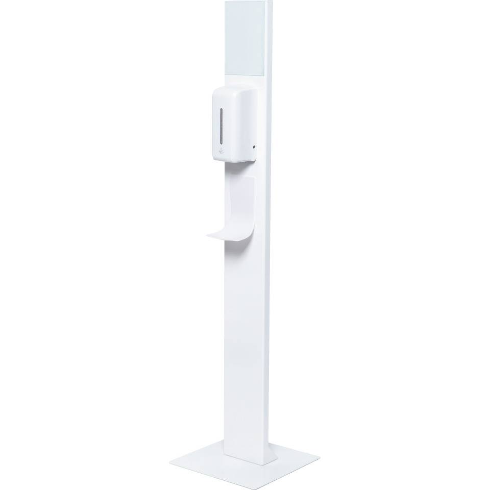 Handdesinfektionsständer Design, automatischer Spender, Auffangschale, Inforahmen