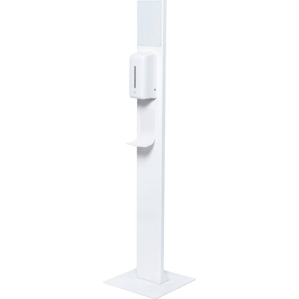 Handdesinfektionsständer Design, automatischer Spender, Auffangschale, Inforahmen