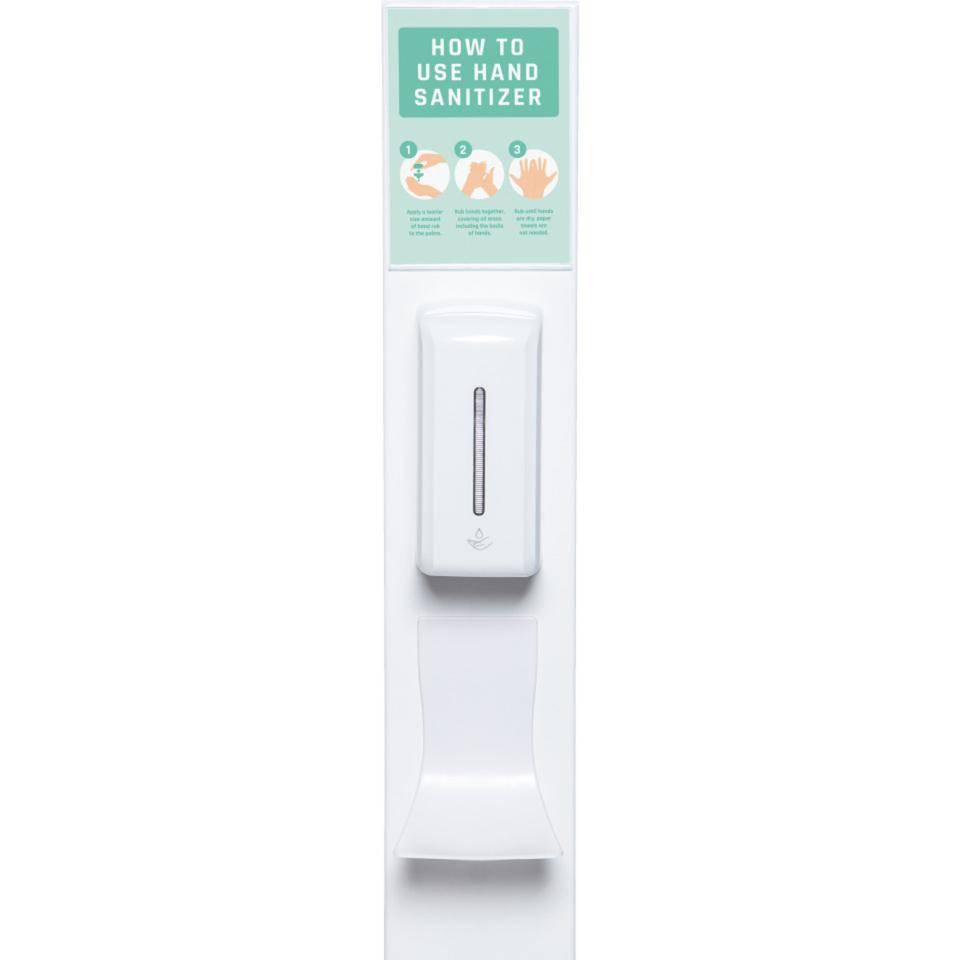 Handdesinfektionsständer Design, automatischer Spender, Auffangschale, Inforahmen