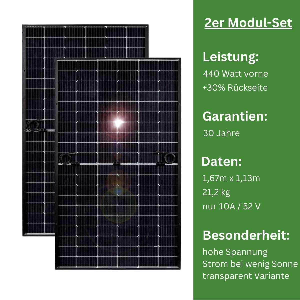 MYVOLTAICS 2x 440+ Watt Premium Hochleistungsmodule – Doppelglas transparent Variante zur Stromerzeugung von beiden Seiten (bifazial)