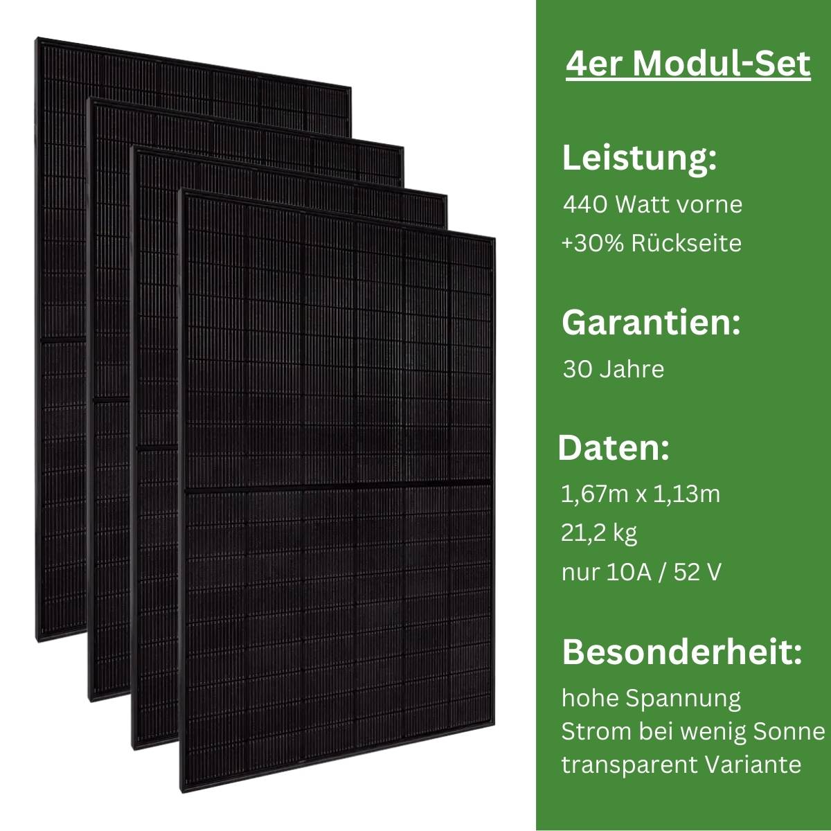 MYVOLTAICS 4x 440+ Watt Premium Hochleistungsmodule – Doppelglas transparent Variante zur Stromerzeugung von beiden Seiten (bifazial)