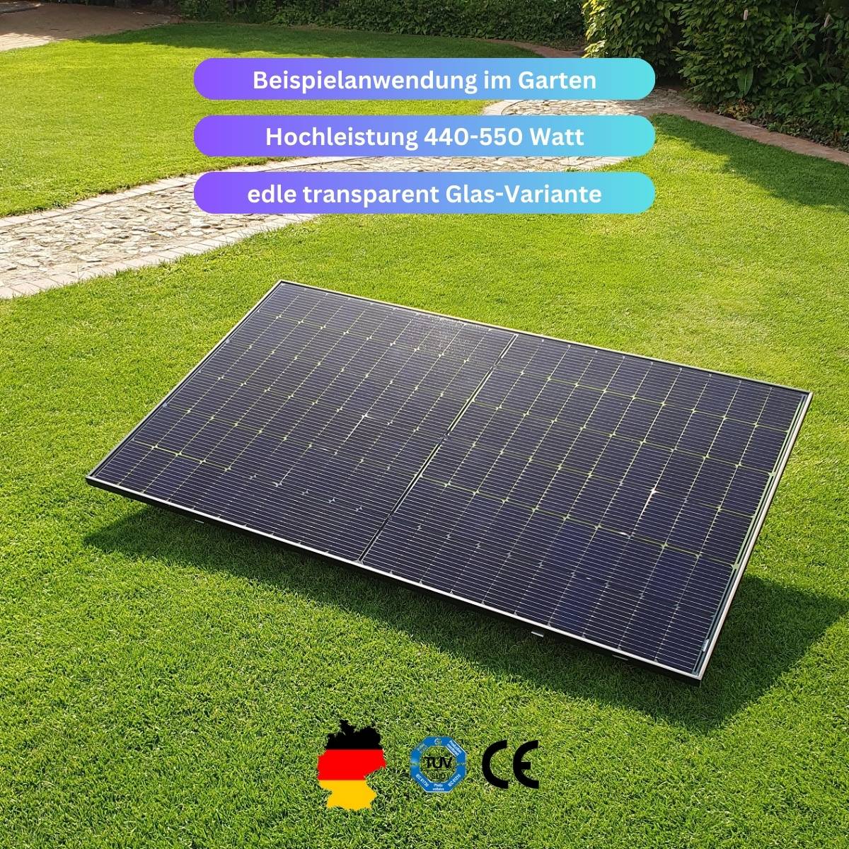 MYVOLTAICS 4x 440+ Watt Premium Hochleistungsmodule – Doppelglas transparent Variante zur Stromerzeugung von beiden Seiten (bifazial)