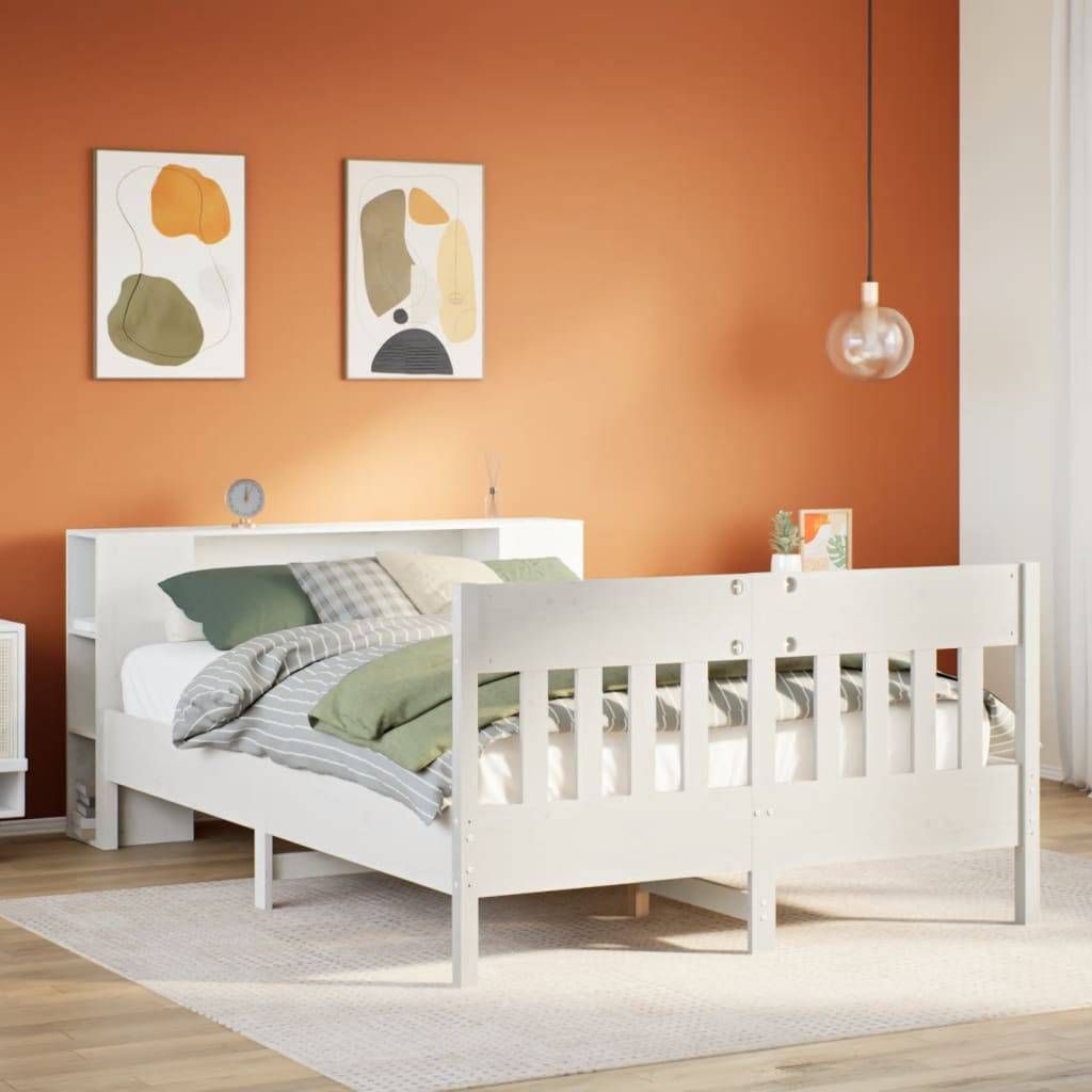 vidaXL Massivholzbett mit Regal ohne Matratze Weiß 140x190 cm Kiefer