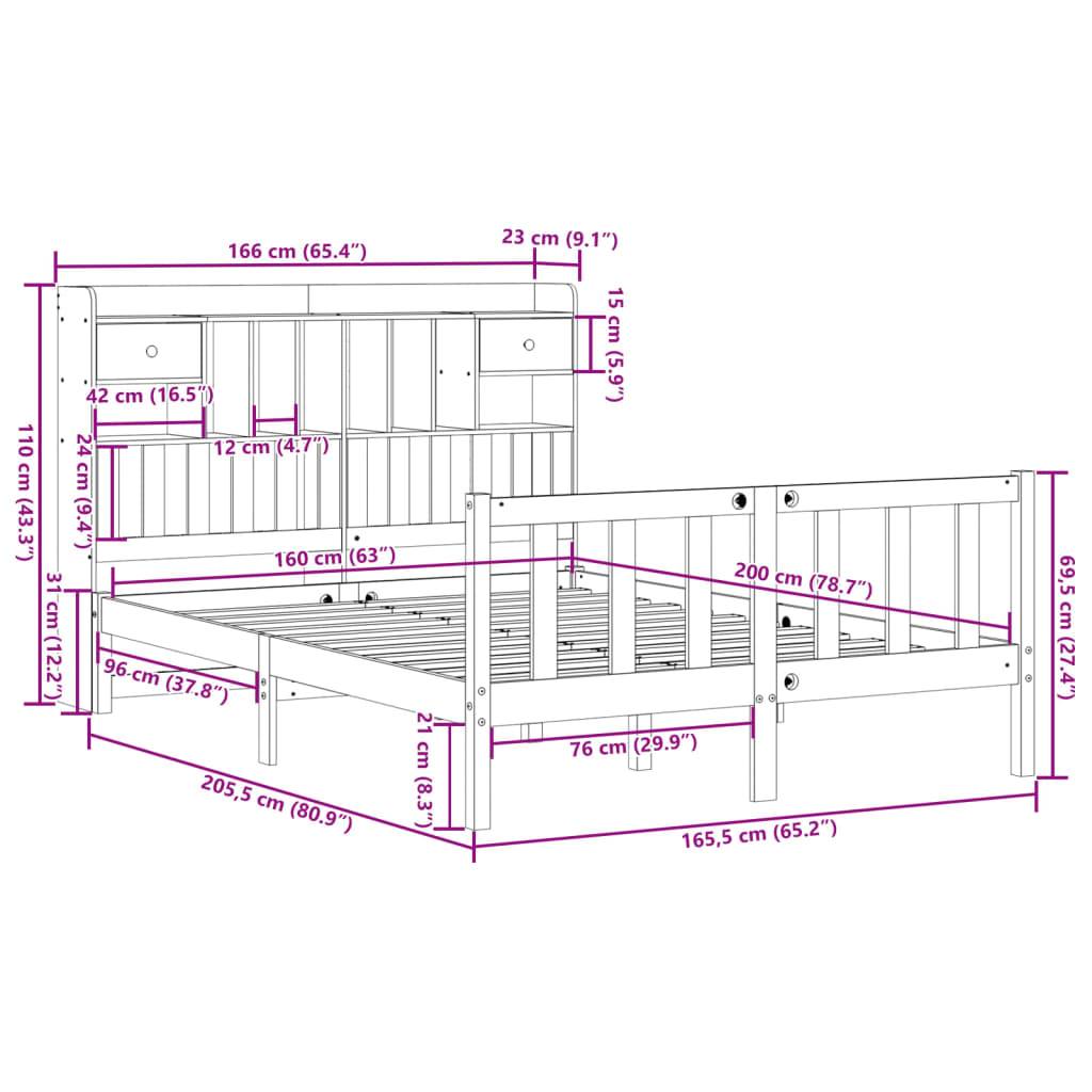 vidaXL Massivholzbett mit Regal ohne Matratze Wachsbraun 160x200 cm