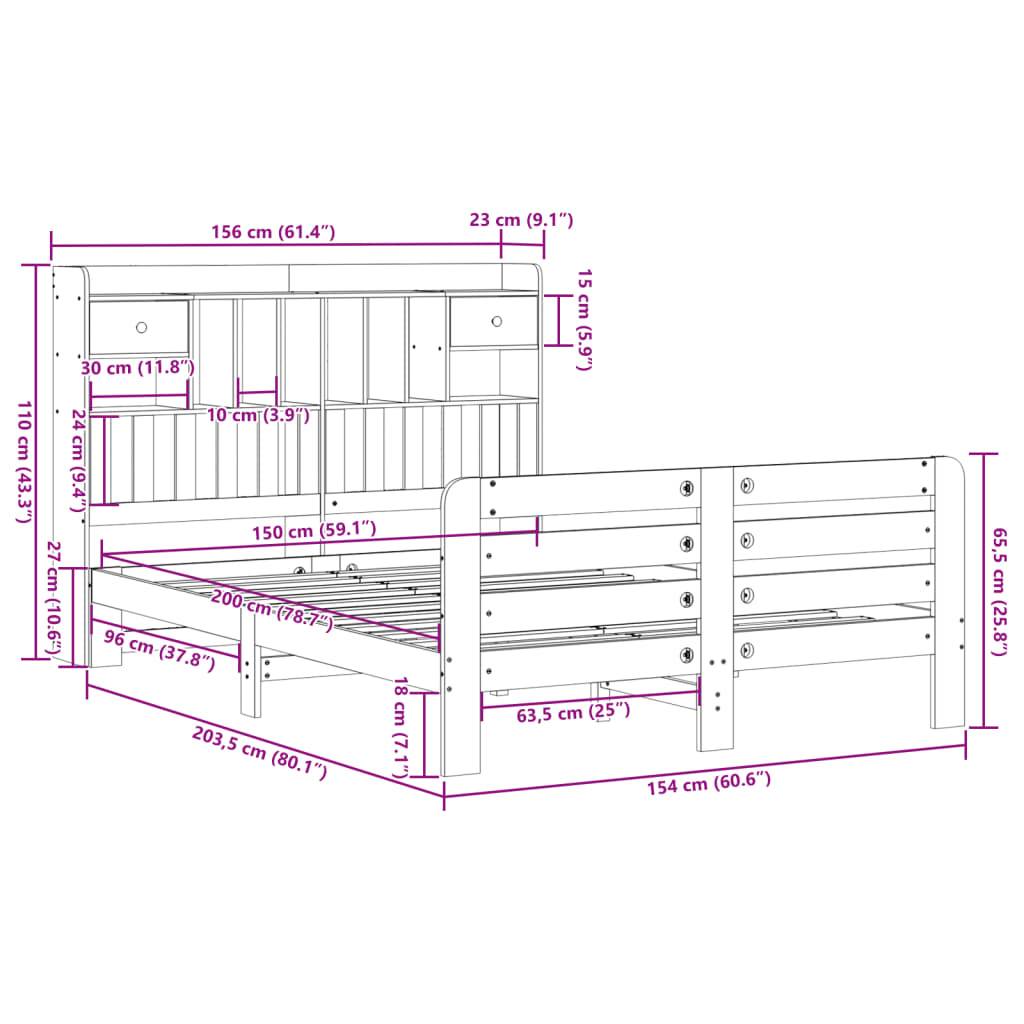 vidaXL Massivholzbett mit Regal ohne Matratze Wachsbraun 150x200 cm