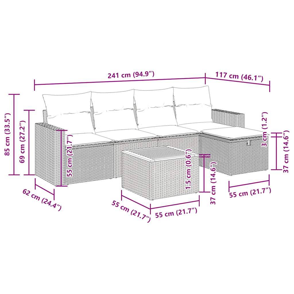 vidaXL 6-tlg. Garten-Sofagarnitur mit Kissen Beige Poly Rattan