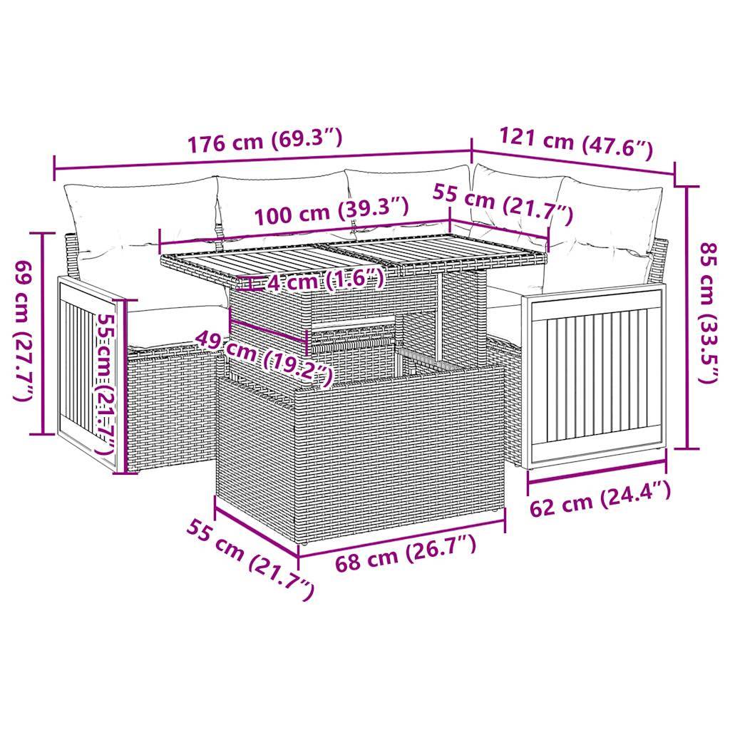 vidaXL 5-tlg. Garten-Sofagarnitur mit Kissen Beige Poly Rattan Akazie