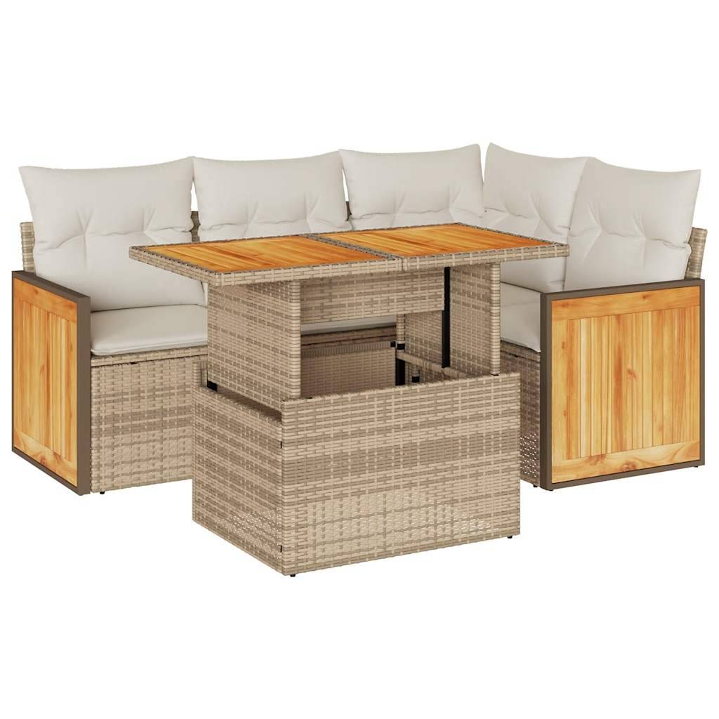 vidaXL 5-tlg. Garten-Sofagarnitur mit Kissen Beige Poly Rattan Akazie