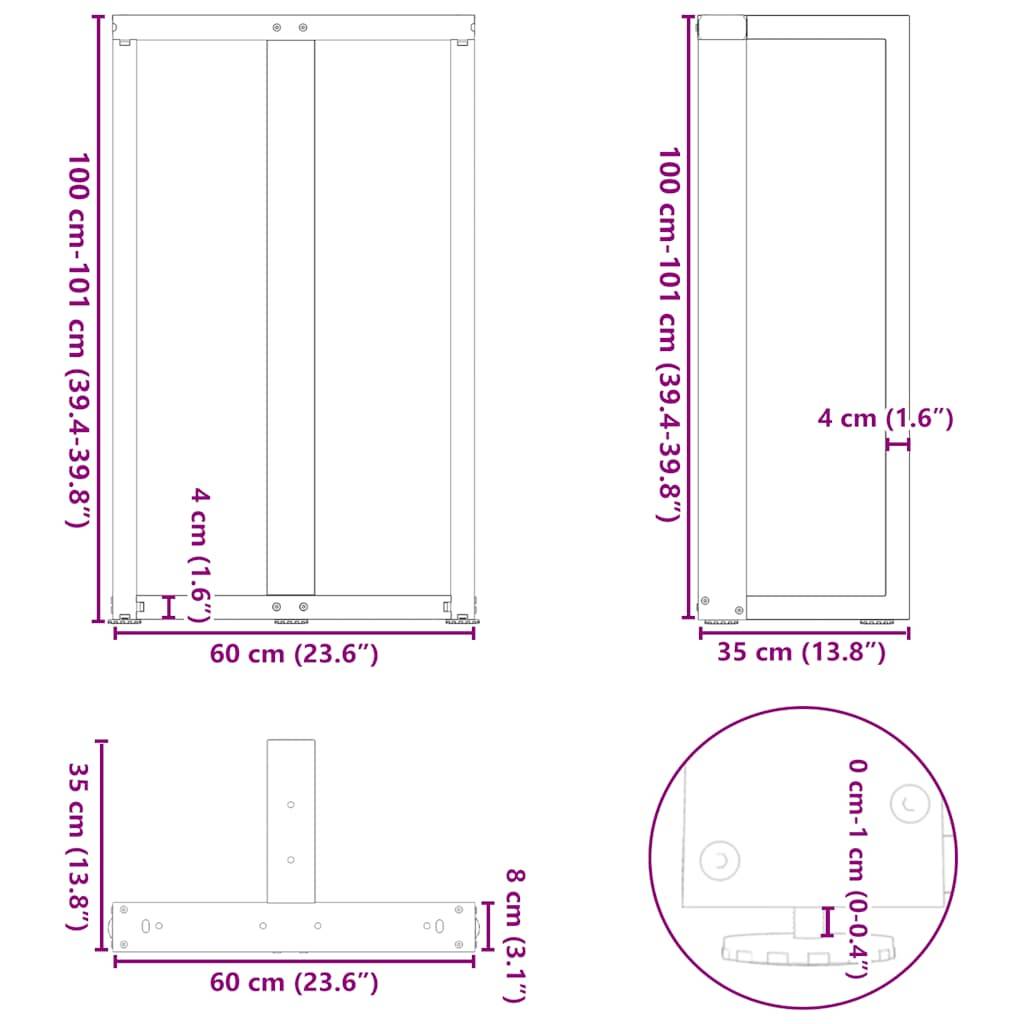 vidaXL Bartischbeine T-Form 2 Stk. Schwarz 60x35x(100-101) cm Stahl