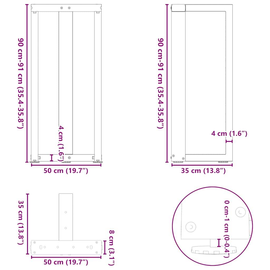 vidaXL Bartischbeine T-Form 2 Stk. Naturstahl 50x35x(90-91) cm Stahl