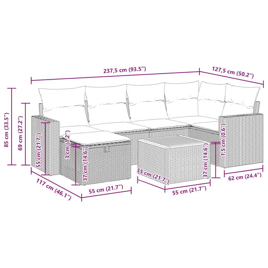 vidaXL 7-tlg. Garten-Sofagarnitur mit Kissen Beige Poly Rattan