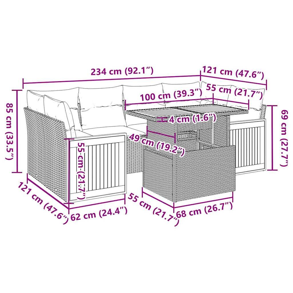 vidaXL 7-tlg. Garten-Sofagarnitur mit Kissen Beige Poly Rattan Akazie