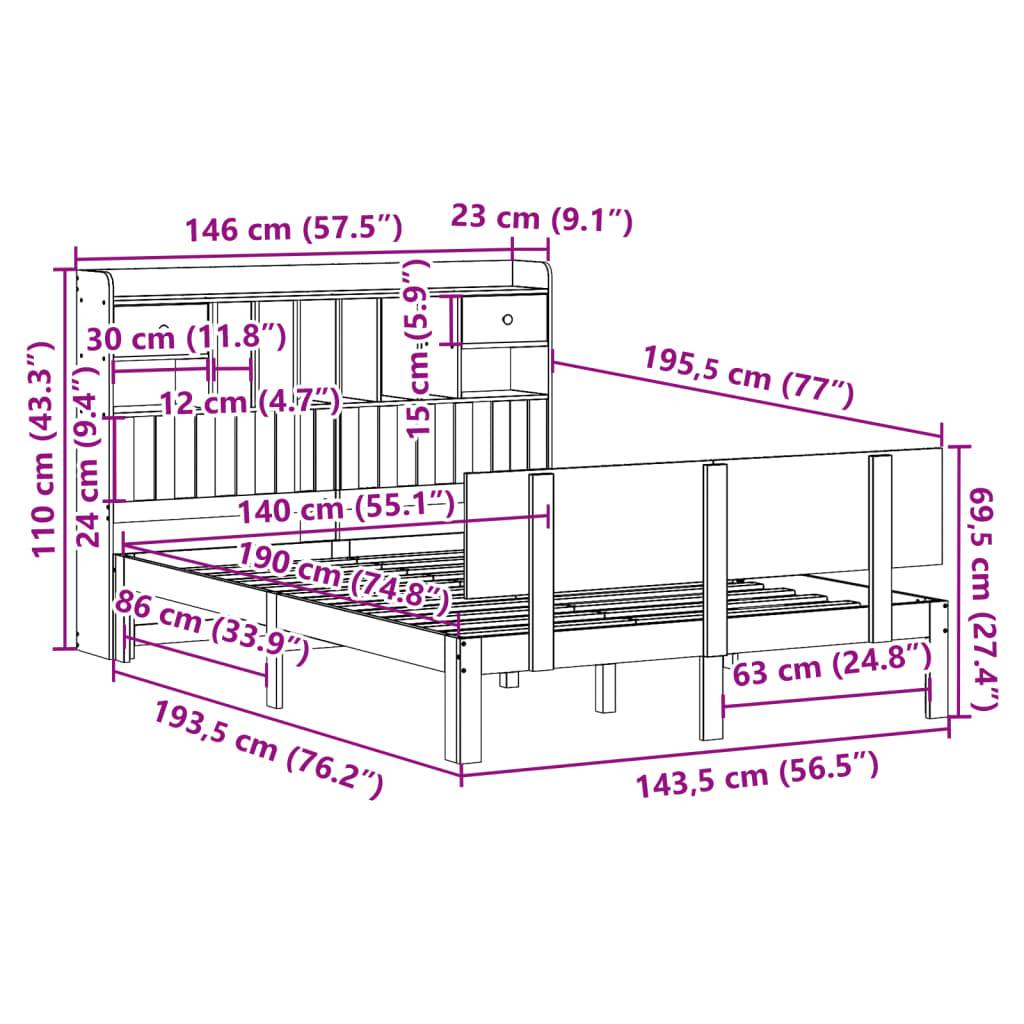 vidaXL Massivholzbett mit Regal ohne Matratze Weiß 140x190 cm Kiefer
