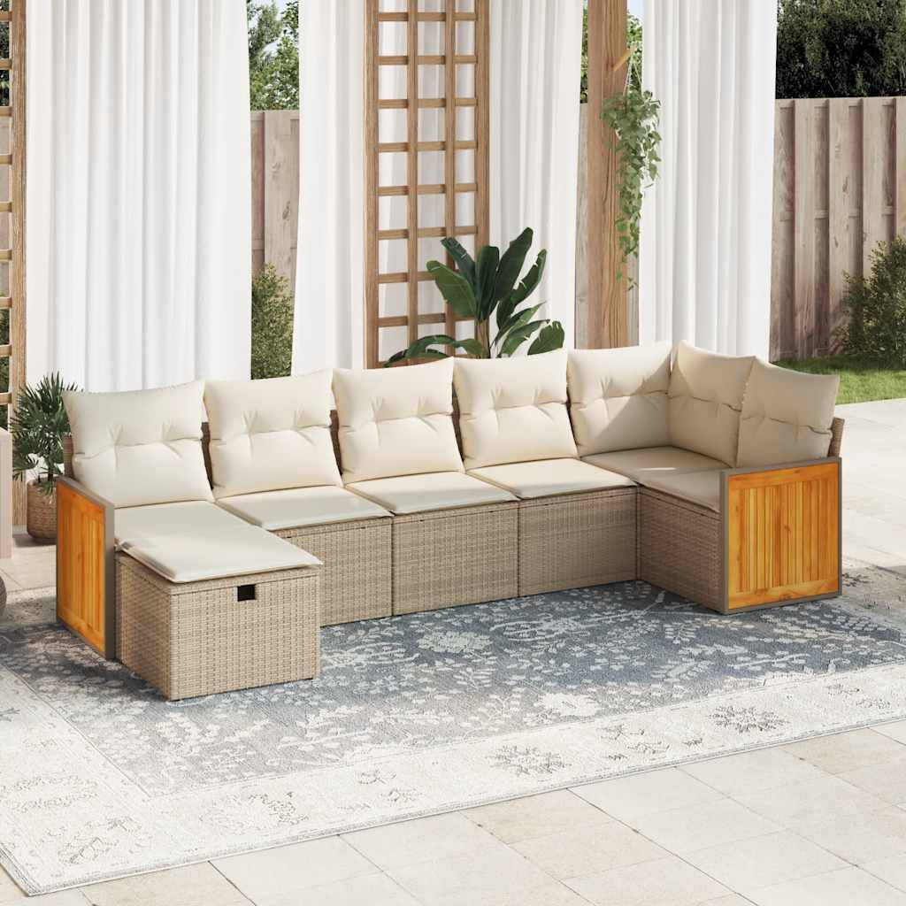 vidaXL 7-tlg. Garten-Sofagarnitur mit Kissen Beige Poly Rattan