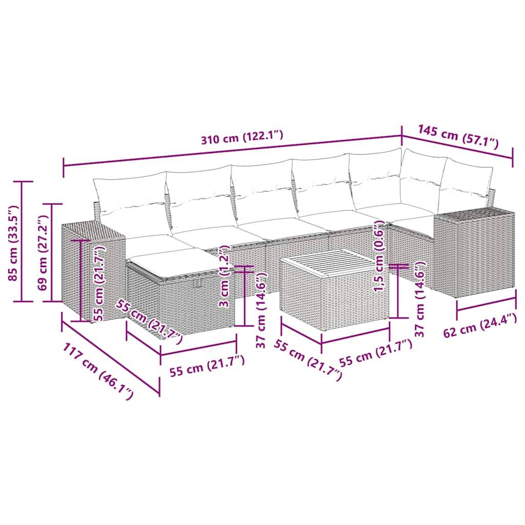 vidaXL 8-tlg. Garten-Sofagarnitur mit Kissen Beige Poly Rattan