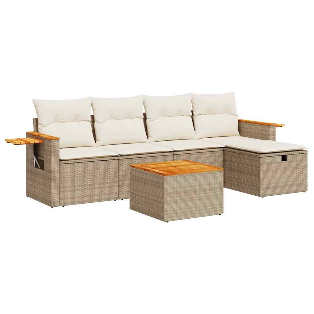 vidaXL 6-tlg. Garten-Sofagarnitur mit Kissen Beige Poly Rattan