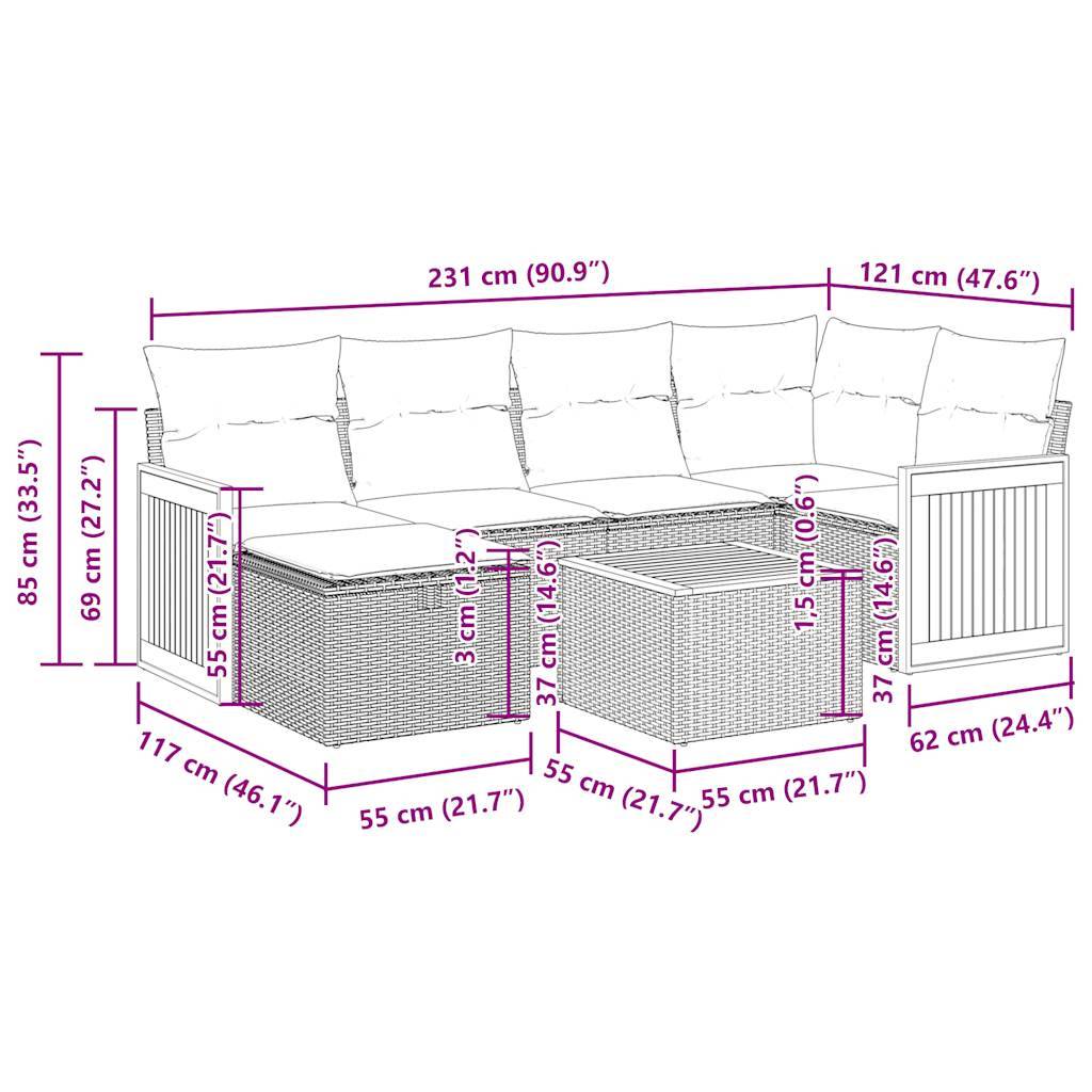 vidaXL 7-tlg. Garten-Sofagarnitur mit Kissen Beige Poly Rattan