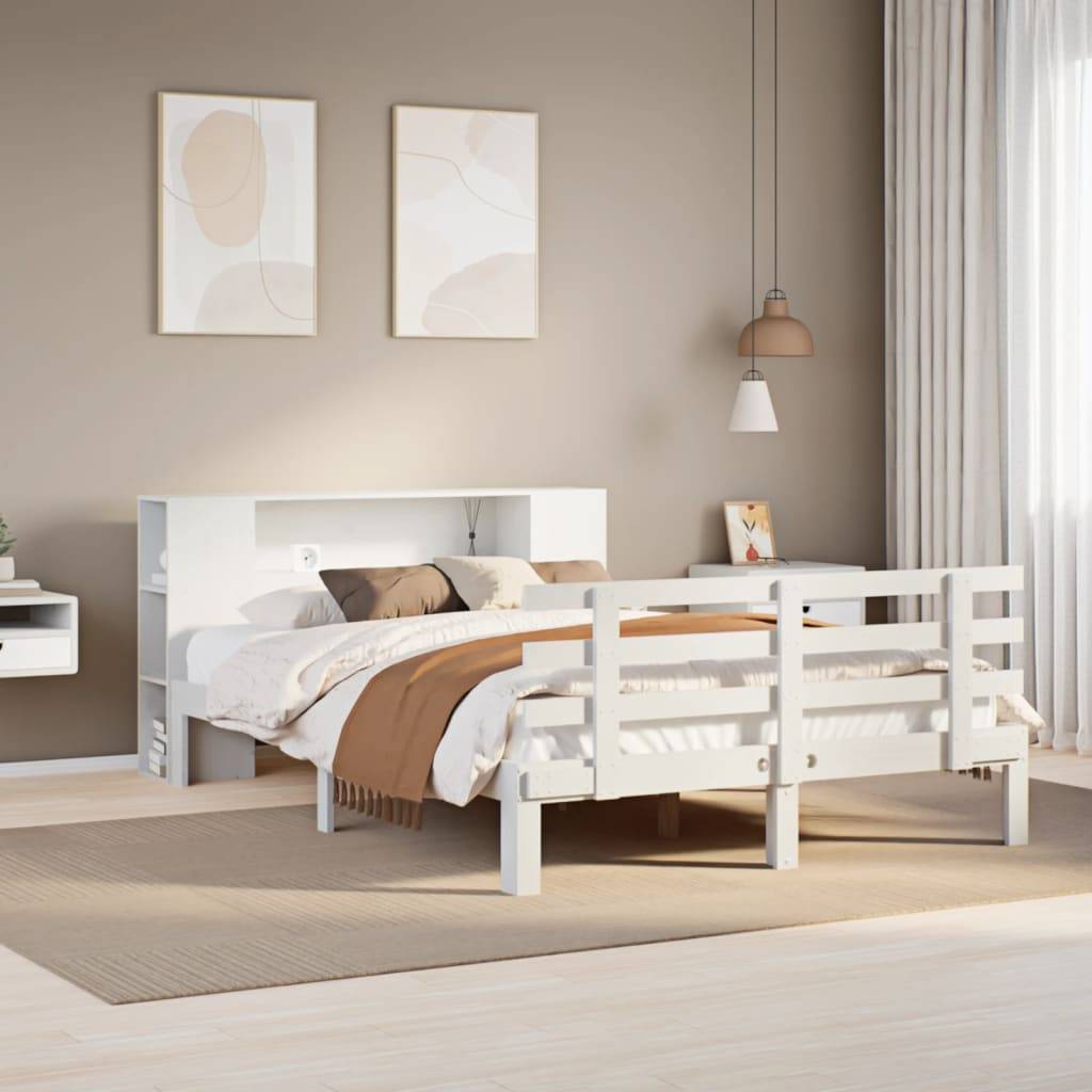 vidaXL Massivholzbett mit Regal ohne Matratze Weiß 135x190 cm Kiefer
