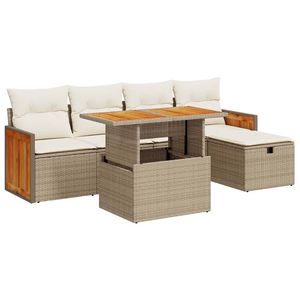 vidaXL 6-tlg. Garten-Sofagarnitur mit Kissen Beige Poly Rattan