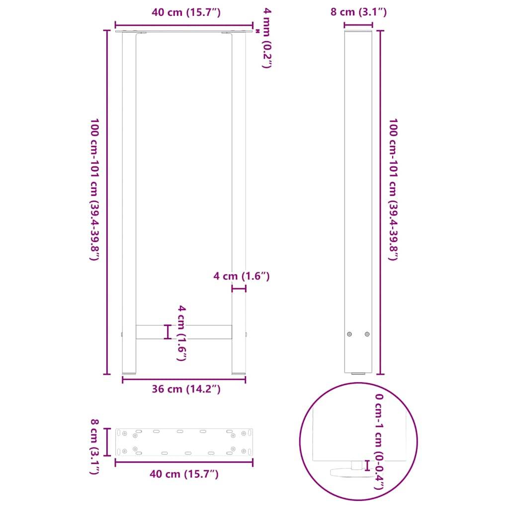 vidaXL Bartischbeine Schwarz 2 Stk. 40x(100-101) cm Stahl