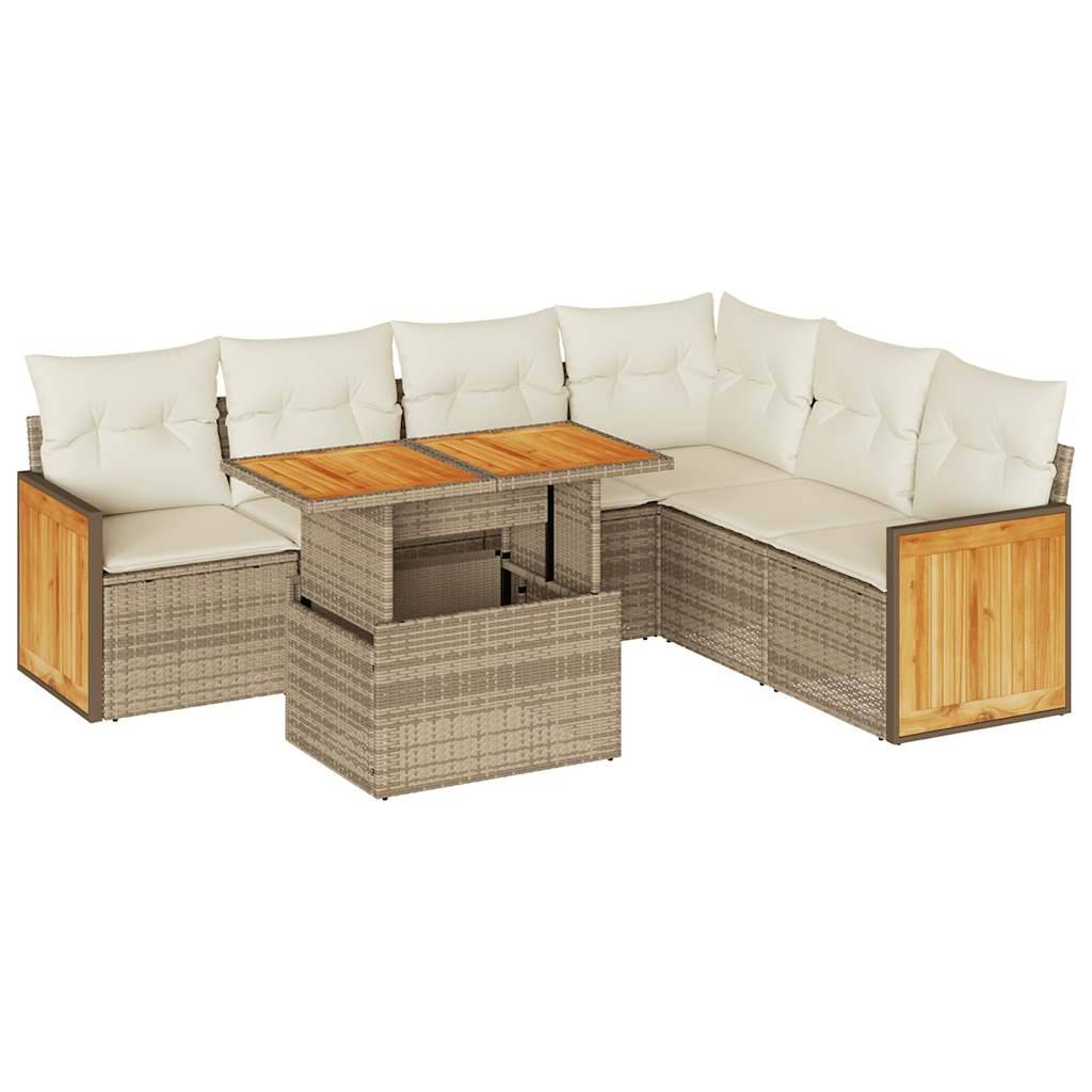 vidaXL 7-tlg. Garten-Sofagarnitur mit Kissen Beige Poly Rattan Akazie
