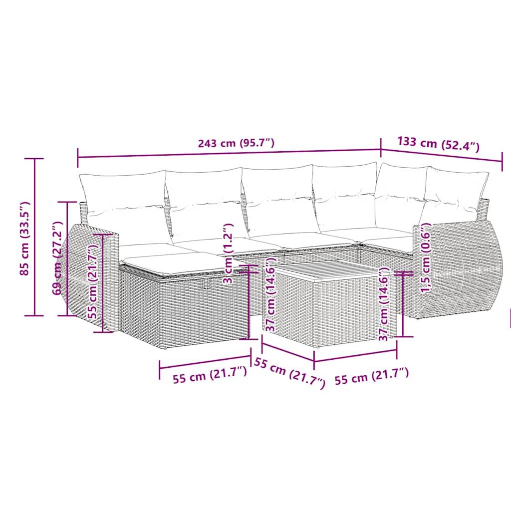 vidaXL 7-tlg. Garten-Sofagarnitur mit Kissen Beige Poly Rattan