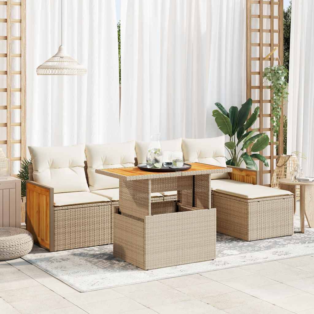 vidaXL 6-tlg. Garten-Sofagarnitur mit Kissen Beige Poly Rattan Akazie