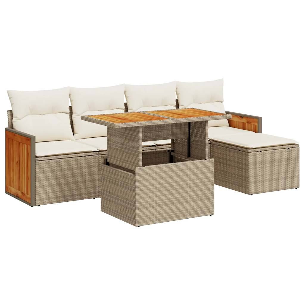 vidaXL 6-tlg. Garten-Sofagarnitur mit Kissen Beige Poly Rattan Akazie