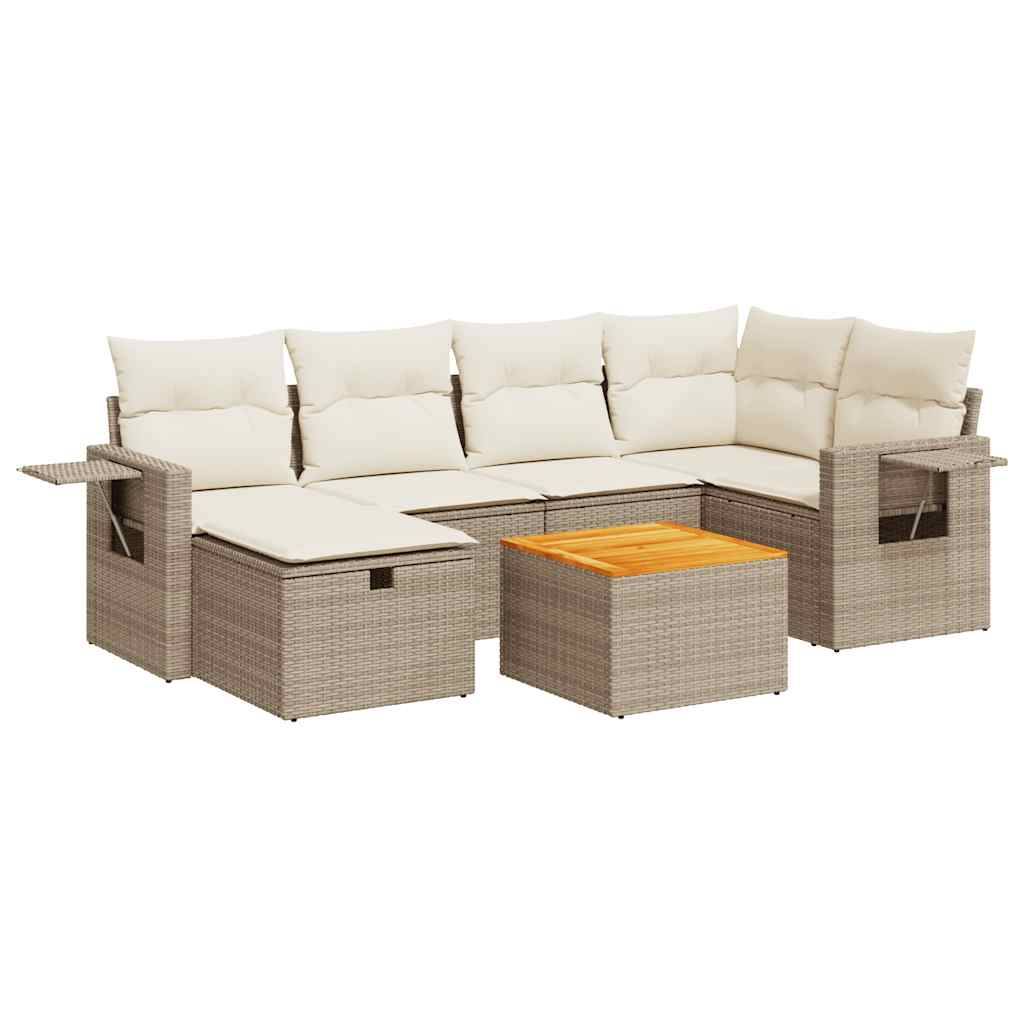 vidaXL 7-tlg. Garten-Sofagarnitur mit Kissen Beige Poly Rattan