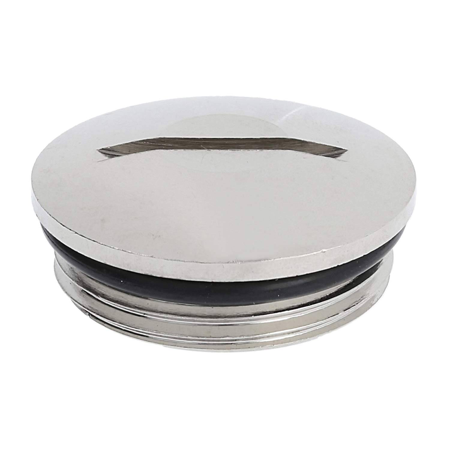Ein rundes, metallisches Chromstecker mit einer flachen Oberseite und schwarzer Gummiummantelung. Es hat eine schmale rechteckige Nut für einfaches Greifen oder Installieren.