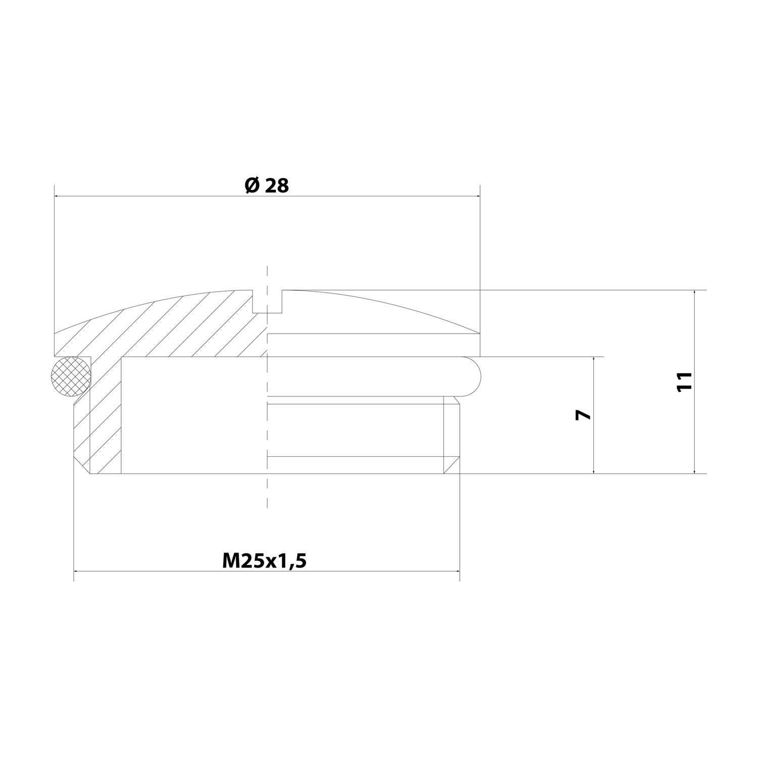 Technische Zeichnung zur Darstellung der Abmessungen einer mechanischen Komponente mit einem Durchmesser von 28 mm und M25x1.5 Gewinde.