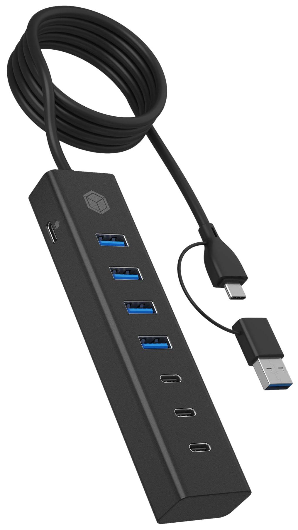 ICY BOX IB-HUB1737-C3, 7-Port USB 3.2 Gen 1 Hub, 3x USB Type-C®, 4x USB Type-A, Combo Hostanschluss, integriertes Kabel, Aluminium, black, USB 3.2