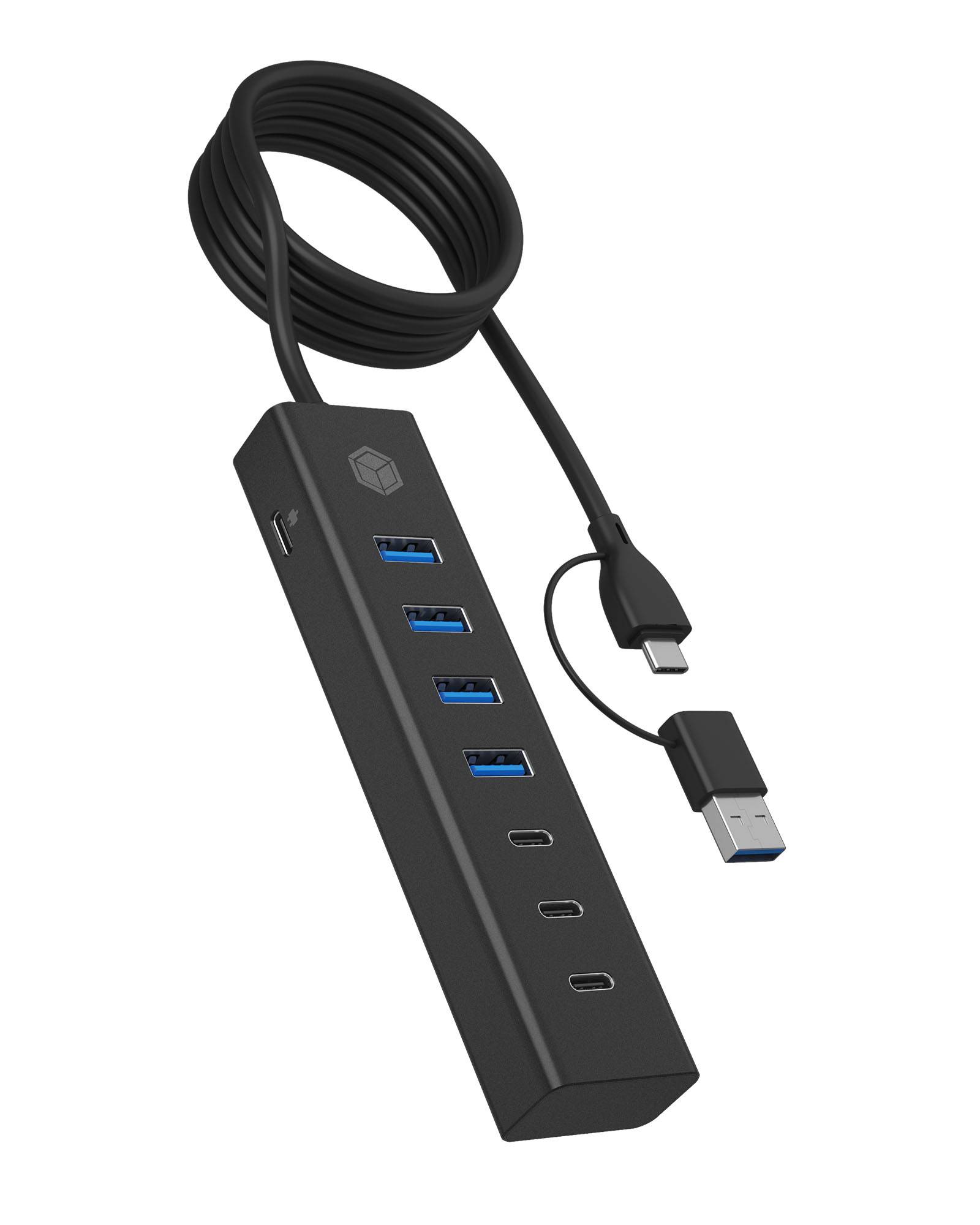 ICY BOX IB-HUB1737-C3, 7-Port USB 3.2 Gen 1 Hub, 3x USB Type-C®, 4x USB Type-A, Combo Hostanschluss, integriertes Kabel, Aluminium, black, USB 3.2