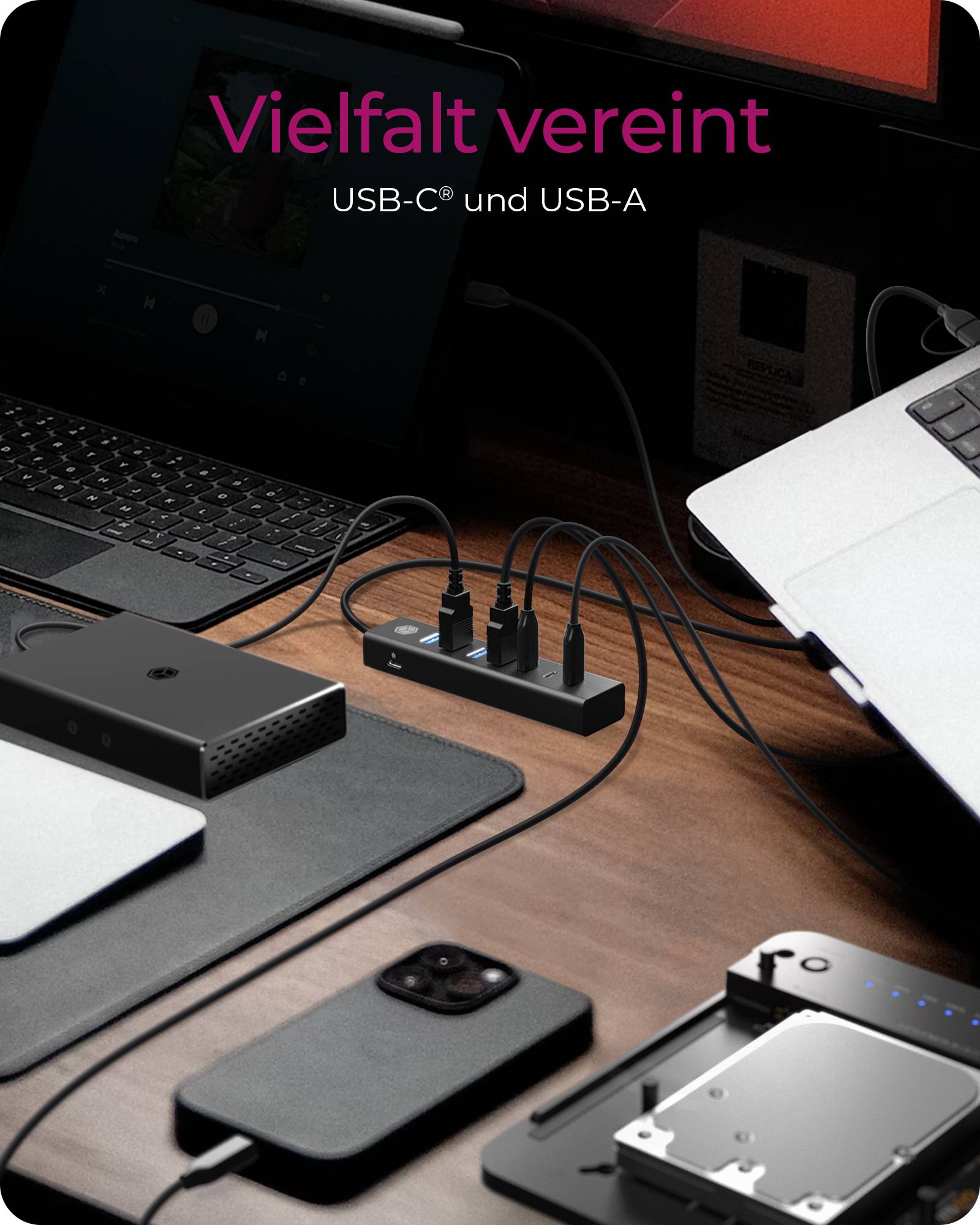 ICY BOX IB-HUB1737-C3, 7-Port USB 3.2 Gen 1 Hub, 3x USB Type-C®, 4x USB Type-A, Combo Hostanschluss, integriertes Kabel, Aluminium, black, USB 3.2