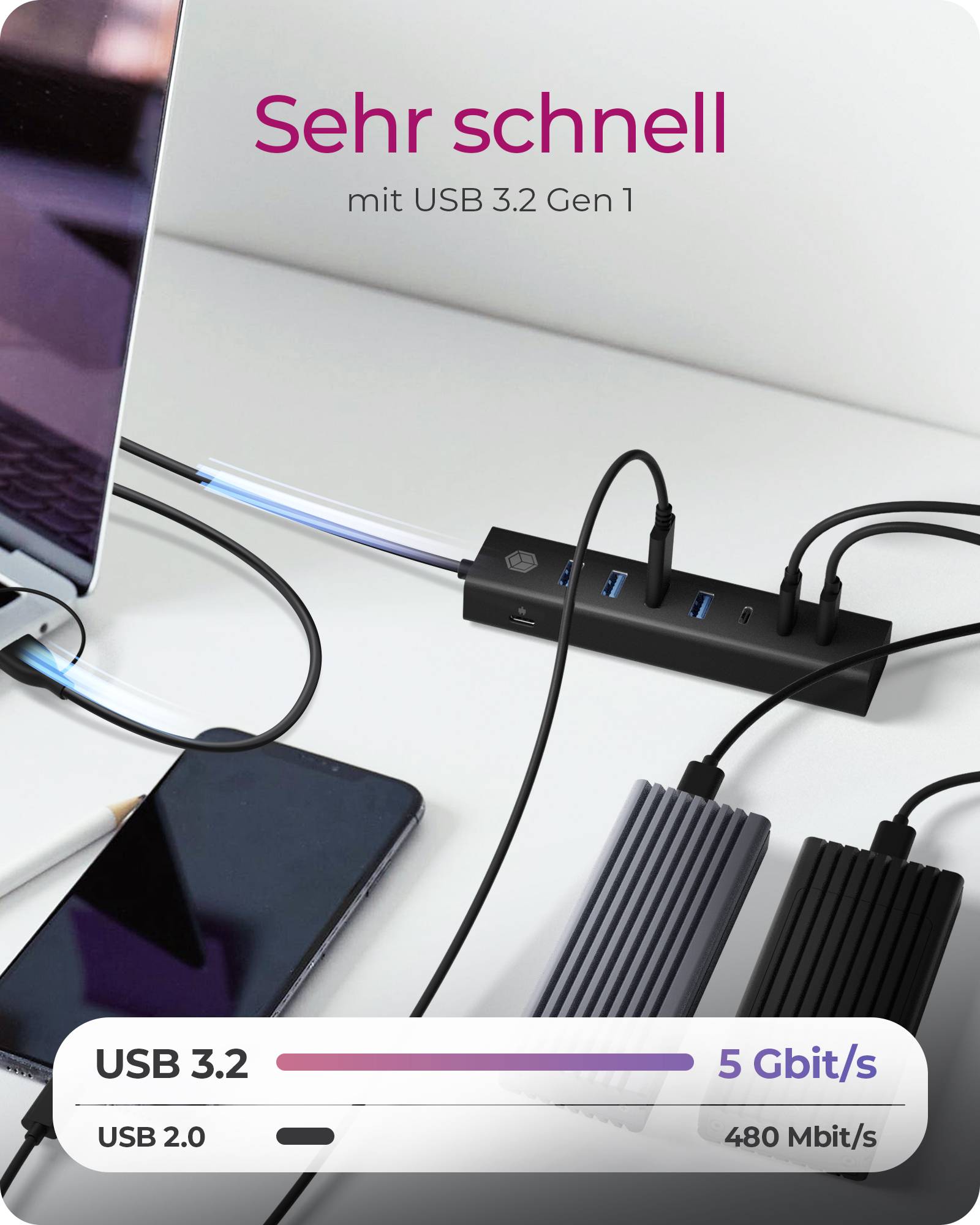 ICY BOX IB-HUB1737-C3, 7-Port USB 3.2 Gen 1 Hub, 3x USB Type-C®, 4x USB Type-A, Combo Hostanschluss, integriertes Kabel, Aluminium, black, USB 3.2