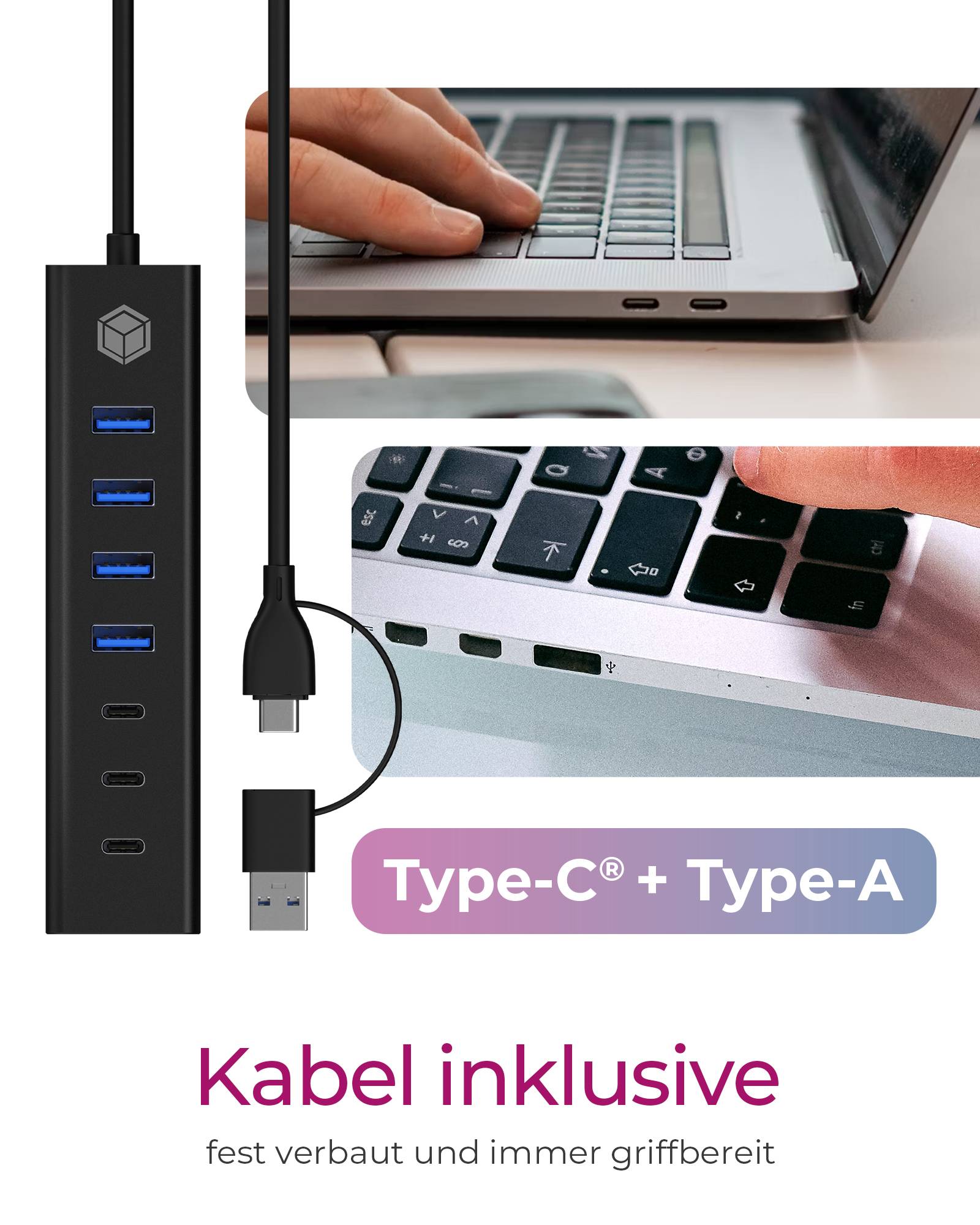 ICY BOX IB-HUB1737-C3, 7-Port USB 3.2 Gen 1 Hub, 3x USB Type-C®, 4x USB Type-A, Combo Hostanschluss, integriertes Kabel, Aluminium, black, USB 3.2