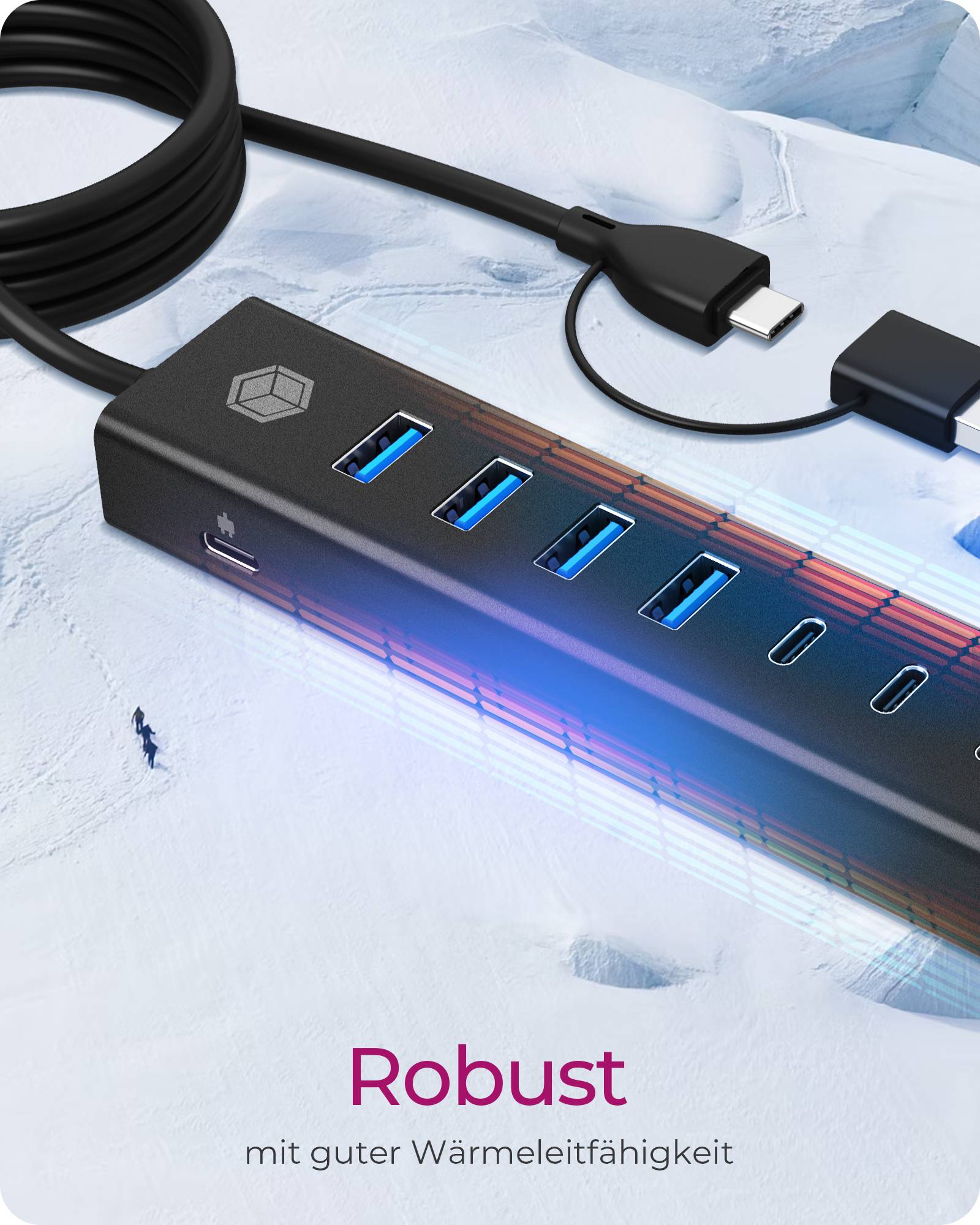 ICY BOX IB-HUB1737-C3, 7-Port USB 3.2 Gen 1 Hub, 3x USB Type-C®, 4x USB Type-A, Combo Hostanschluss, integriertes Kabel, Aluminium, black, USB 3.2