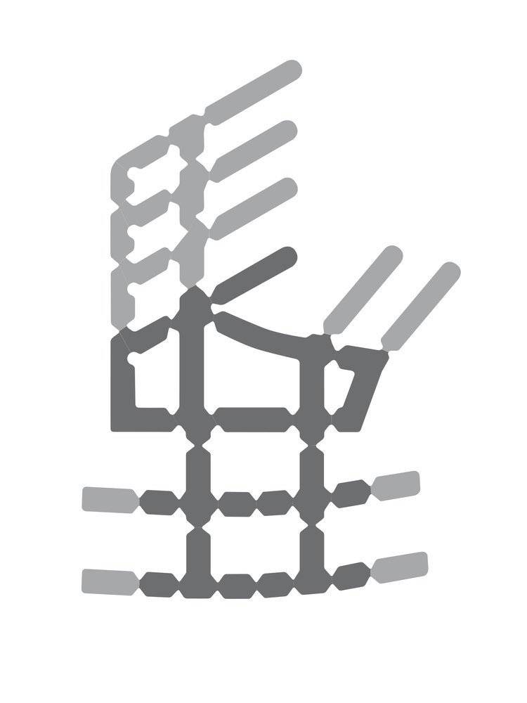 Stilisierter, abstrakter Handabdruck aus miteinander verbundenen geometrischen Formen in verschiedenen Grautönen.